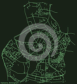 Dark emerald green street roads map of the Harborne neighborhood of Birmingham, United Kingdom