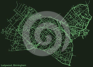 Dark emerald green street roads map of the Ladywood neighborhood of Birmingham, United Kingdom