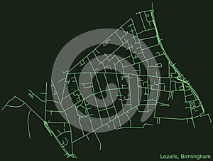 Dark emerald green street roads map of the Lozells neighborhood of Birmingham, United Kingdom