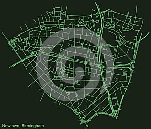 Dark emerald green street roads map of the Newtown neighborhood of Birmingham, United Kingdom