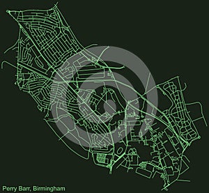 Dark emerald green street roads map of the Perry Barr neighborhood of Birmingham, United Kingdom