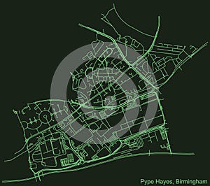 Dark emerald green street roads map of the Pype Hayes neighborhood of Birmingham, United Kingdom