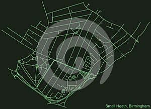 Dark emerald green street roads map of the Small Heath neighborhood of Birmingham, United Kingdom