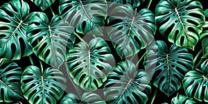 Dark emerald green tropical leaf pattern for design projects. Generative AI