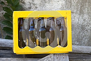 Dark Empty Beer Bootle in Yellow Case Box on Wood Pieces at Outside in Front of Cement Wall