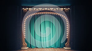 Dark empty cabaret or comedy club stage with green curtain and art nuovo arch. 3d render photo