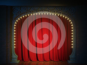 Dark empty cabaret or comedy club stage with red curtain and art nuovo arch. 3d render photo