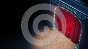 Dark empty cabaret or comedy club stage with red curtain and art nuovo arch. 3d render