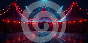 Dark, empty circus tent at night; interior illuminated by spotlights , empty, design