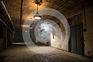 Dark empty room with smoke and light