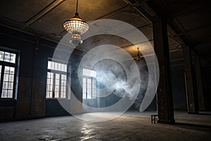 Dark empty room with smoke and light
