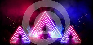 Dark, empty space, empty stage, room with light element, neon light, abstract light.