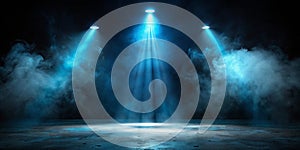 Dark empty studio scene with blue neon light