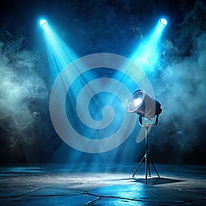 Dark empty studio scene with blue neon light