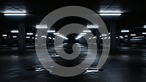 Dark Empty Underground Parking Garage Interior, Generative AI