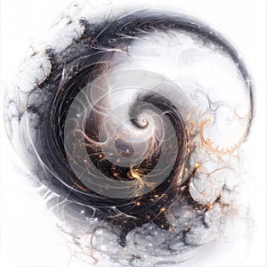 Dark energy swirls with hints of starlight, a powerful sorcery spell, on white background