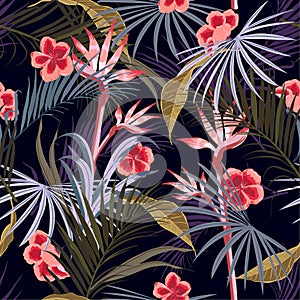 Dark Exotic Retro tropical wild forest with palm trees ,flowers,leaves,foliage seamless pattern in vector suits for