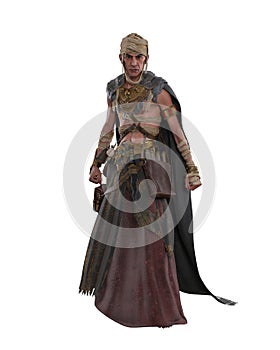 Dark fantasy black magic warlock sorceror necromancer standing with clenched fists. 3D render isolated on white with clipping path