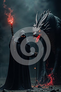 Dark Fantasy Wizard Commands Fiery Red Dragon with Glowing Magical Chains photo