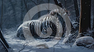 Dark Fantasy Zebra Resting In Snowy Woods