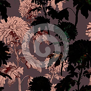 Dark floral seamless pattern of flowers in trendy deep brown tones.