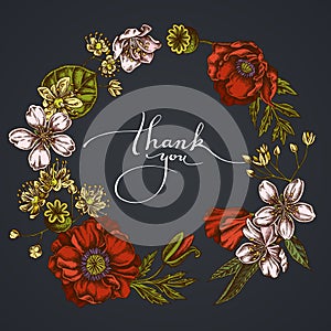 Dark Floral Wreath of almond, poppy flower, tilia cordata