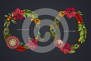 Dark Floral Wreath of banana palm leaves, hibiscus, solanum, bromeliad, peacock feathers, protea