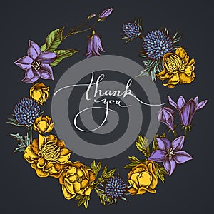 Dark Floral Wreath of bellflower, globethistle, globeflower