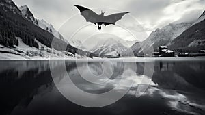 Dark Flying Dragon Over Snowy Mountains