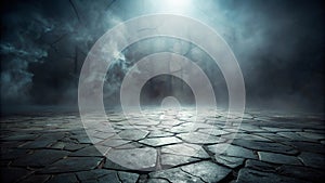 Dark Foggy Cracked Stone Floor - Eerie Atmospheric Background with Mist photo
