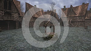 Dark foreboding empty medieval village with wooden buildings, old carts and well. 3D illustration