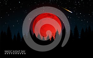 Dark Forest and Big Red Moon. Vector Illustration Modern Background