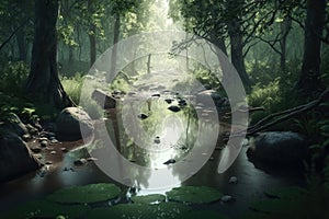 A dark forest with floating water created with generative AI technology