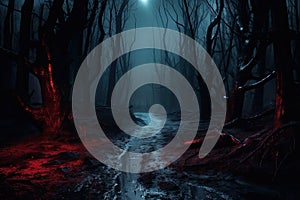 Dark forest with fog and a path, 3d rendering. Computer digital drawing