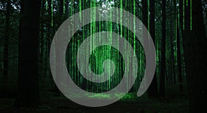 Digital Forest with Matrix Code Rain
