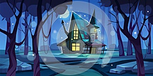 Dark forest house. Mysterious night home in wood, gaming location, spooky witch habitation, halloween nature landscape