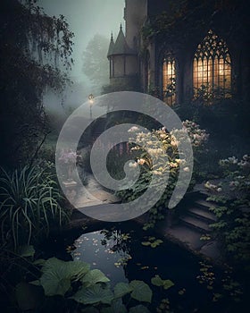 A dark forest with a pond and a bridge with a bridge and flowers.