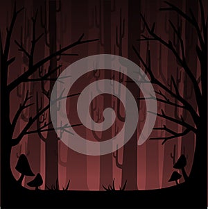 Dark forest with red fog. Misty woods for game or website concept. Foggy forest. Flat vector illustration