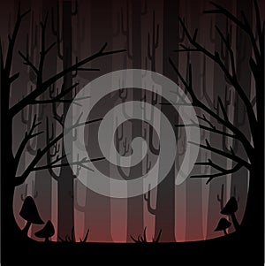 Dark forest with red fog. Misty woods for game or website concept. Foggy forest. Flat vector illustration