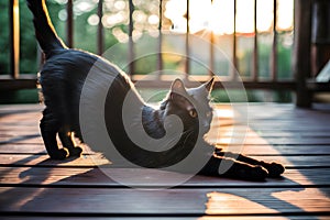 Dark furred cat luxuriates in sun rays on deck, exuding tranquility and warmth photo