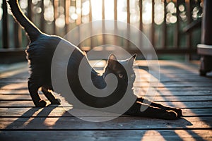 Dark furred cat luxuriates in sun rays on deck, exuding tranquility and warmth photo