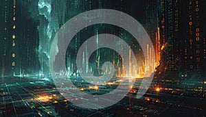 Futuristic Digital Cityscape with Binary Code Rain