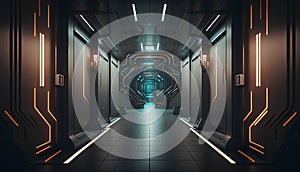 Dark futuristic corridor with glowing lights, 3d rendering toned image