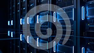 Data Center Server Racks with Blue LED Lights, Technology, Network Infrastructure, Computing