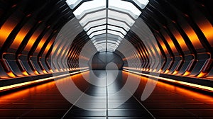 Dark Futuristic Modern Garage Showroom Tunnel Corridor. Entrance 3D Illustration