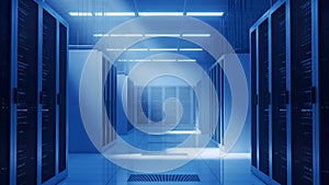 Server Room Data Center Rows Blue Lighting Technology Network Infrastructure