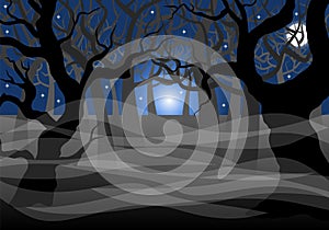Dark ghostly forest and full moon