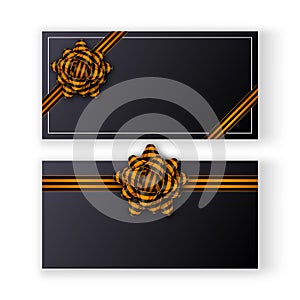 Dark gift cards with a black and orange tied bow, realistic shadows and copy space. 9 May - Victory day template design