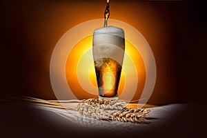 Dark glass beer pouring with ears of wheat on light background,