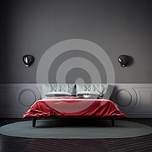 Dark gloomy bedroom with vibrant red color bedspread, noir style, mock-up with negative space photo